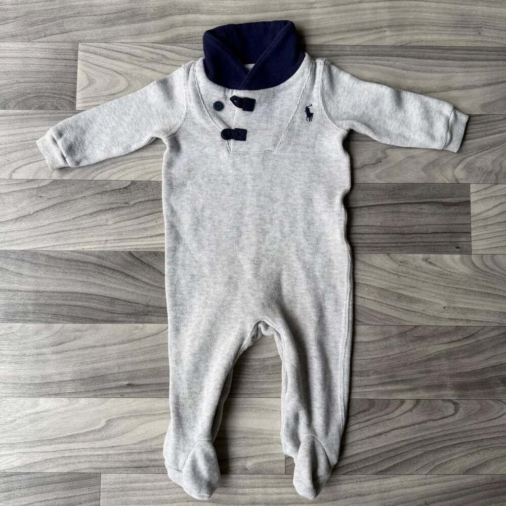 Ralph Lauren Baby Shawl Collar Footed Coverall Size 9M Grey